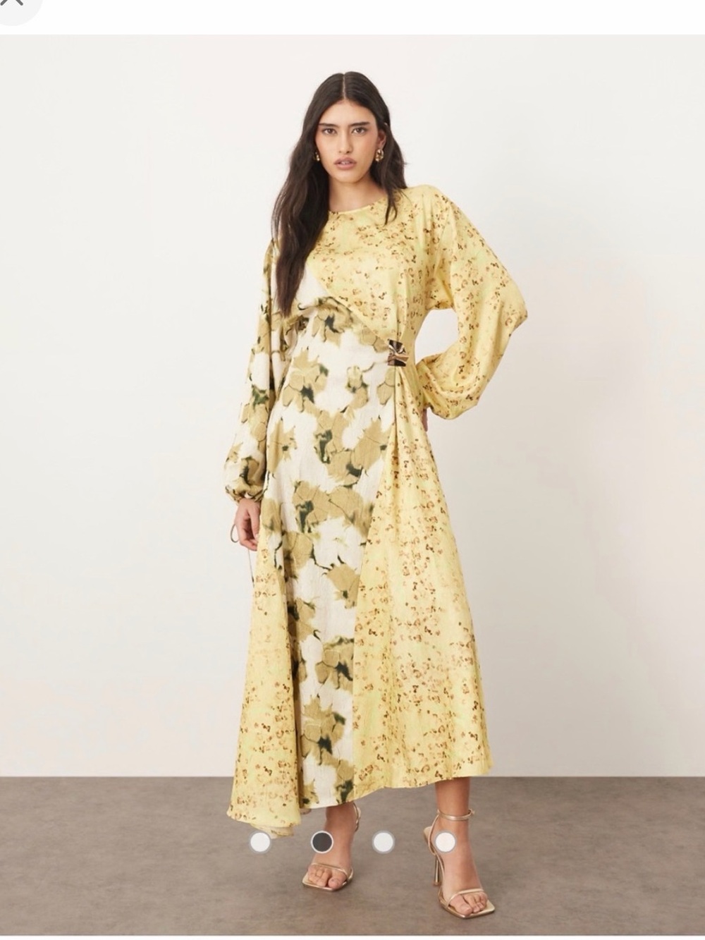 Floral Panel Yellow Maxi Dress with Balloon Sleeves